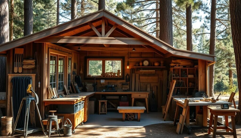 A well-organized and thoughtfully designed woodworking shed, nestled in a peaceful, sun-dappled forest clearing. The shed's exterior features a rustic, weathered wood siding with a gabled roof, complemented by large windows that flood the interior with natural light. The foreground showcases a variety of woodworking tools and accessories, neatly arranged on workbenches, while the middle ground reveals a collection of finished projects, from intricate carvings to sleek furniture pieces. In the background, towering trees sway gently, casting soft shadows and creating a serene, contemplative atmosphere, perfect for focusing on the craft of woodworking.