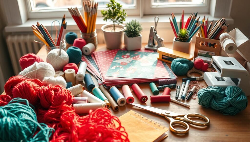 A well-organized assortment of crafting supplies arranged on a wooden tabletop, bathed in warm, natural lighting. In the foreground, a variety of vibrant yarn skeins, spools of thread, and a pair of sewing scissors. In the middle ground, a selection of festive holiday-themed scrapbooking paper, glue sticks, and a stapler. In the background, various paintbrushes, colored pencils, and a small potted plant add a touch of greenery. The overall scene conveys a cozy, inviting atmosphere, perfect for inspiring DIY Christmas projects. A well-organized assortment of crafting supplies arranged on a wooden tabletop, bathed in warm, natural lighting. In the foreground, a variety of vibrant yarn skeins, spools of thread, and a pair of sewing scissors. In the middle ground, a selection of festive holiday-themed scrapbooking paper, glue sticks, and a stapler. In the background, various paintbrushes, colored pencils, and a small potted plant add a touch of greenery. The overall scene conveys a cozy, inviting atmosphere, perfect for inspiring DIY Christmas projects.