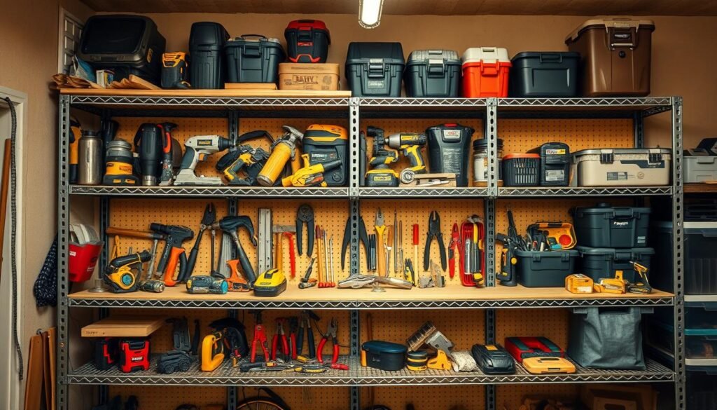 A well-organized garage workshop with a set of sturdy metal shelves, displaying an assortment of essential tools for building wall shelves. In the foreground, a selection of woodworking tools including a power drill, a jigsaw, a hammer, and a tape measure are neatly arranged on the shelves. The middle ground showcases a variety of hand tools such as pliers, screwdrivers, and a level, while the background features additional storage containers and boxes, creating a sense of efficient organization. The lighting is warm and even, casting a soft glow over the scene, emphasizing the practical and functional nature of the workspace. The overall mood is one of preparedness and anticipation, ready to tackle the woodworking project at hand.