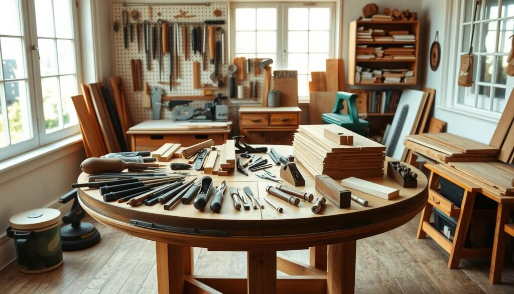 A well-organized woodworking round table workspace with various tools and materials neatly arranged. The table is situated in a bright, airy studio with large windows that let in natural light, casting a warm, inviting glow. On the table, an array of chisels, planes, and other hand tools are carefully placed within reach, while stacks of wood planks and a miter saw stand ready for the project. The background features a pegboard wall with hooks for hanging additional tools, and a bookshelf with reference materials on woodworking techniques. The overall scene conveys a sense of productivity, efficiency, and a passion for the craft. A well-organized woodworking round table workspace with various tools and materials neatly arranged. The table is situated in a bright, airy studio with large windows that let in natural light, casting a warm, inviting glow. On the table, an array of chisels, planes, and other hand tools are carefully placed within reach, while stacks of wood planks and a miter saw stand ready for the project. The background features a pegboard wall with hooks for hanging additional tools, and a bookshelf with reference materials on woodworking techniques. The overall scene conveys a sense of productivity, efficiency, and a passion for the craft.