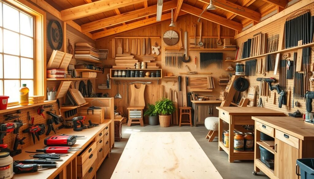 A well-organized woodworking shed, flooded with warm natural light filtering through large windows. The foreground showcases a meticulously arranged workbench, with various hand tools, power tools, and hardware neatly displayed on pegboards and in labeled drawers. In the middle ground, custom shelving units house an assortment of wood types, stains, and finishes, while a pegboard wall displays an array of chisels, saws, and other specialized equipment. The background features a spacious layout with ample room to move around, complemented by a cozy seating area and a potted plant, creating a harmonious and productive workspace.