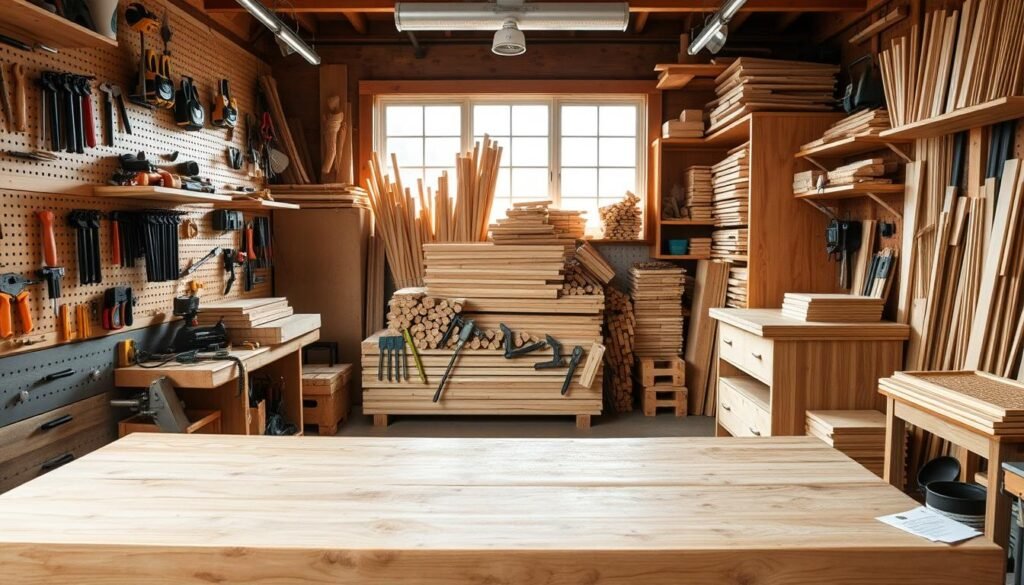 A well-organized woodworking workspace with a sturdy wooden workbench in the foreground, surrounded by neatly arranged hand tools, clamps, and supplies on pegboards and shelves. In the middle ground, a variety of wood materials, including planks and dowels, are stacked and categorized. The background features large windows allowing natural light to flood the space, creating a warm and productive atmosphere. The overall scene conveys a sense of efficiency and craftsmanship, perfect for a beginner's woodworking project.