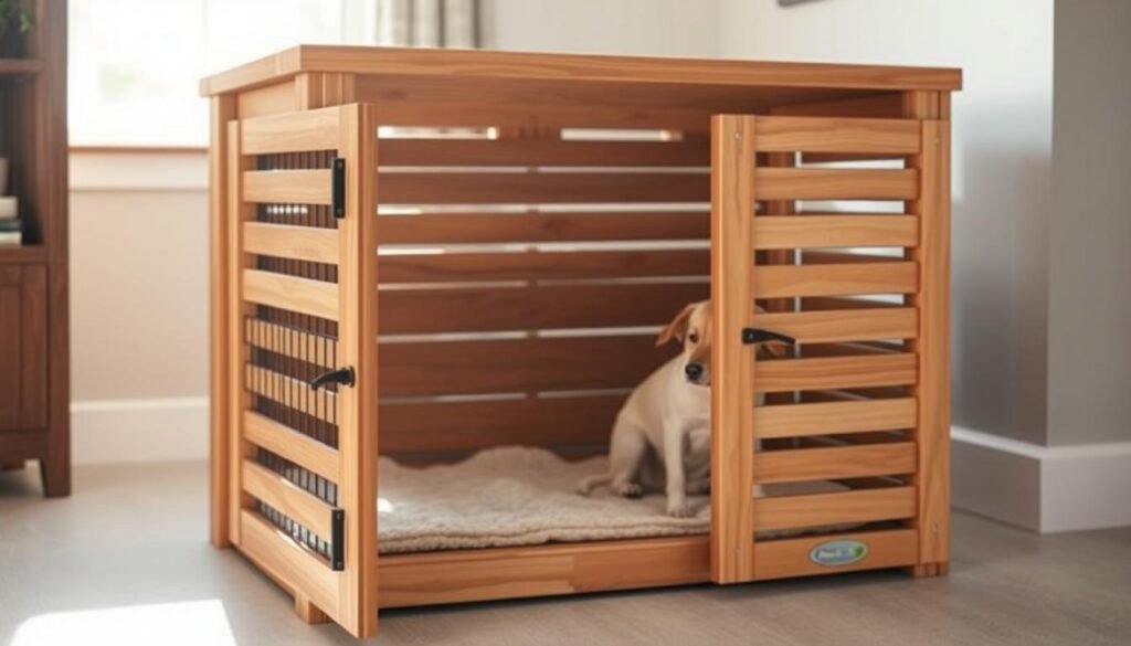 A well-ventilated dog crate with a slatted wooden frame, designed for optimal airflow. The crate is positioned in a sunlit room, with soft natural lighting filtering through the slats. The front panel features a hinged door with a wire mesh inset, providing visibility and easy access. The crate's interior is spacious, with a soft, plush bedding material for the dog's comfort. The overall design seamlessly blends functionality and aesthetics, creating a comfortable and safe environment for the canine companion.