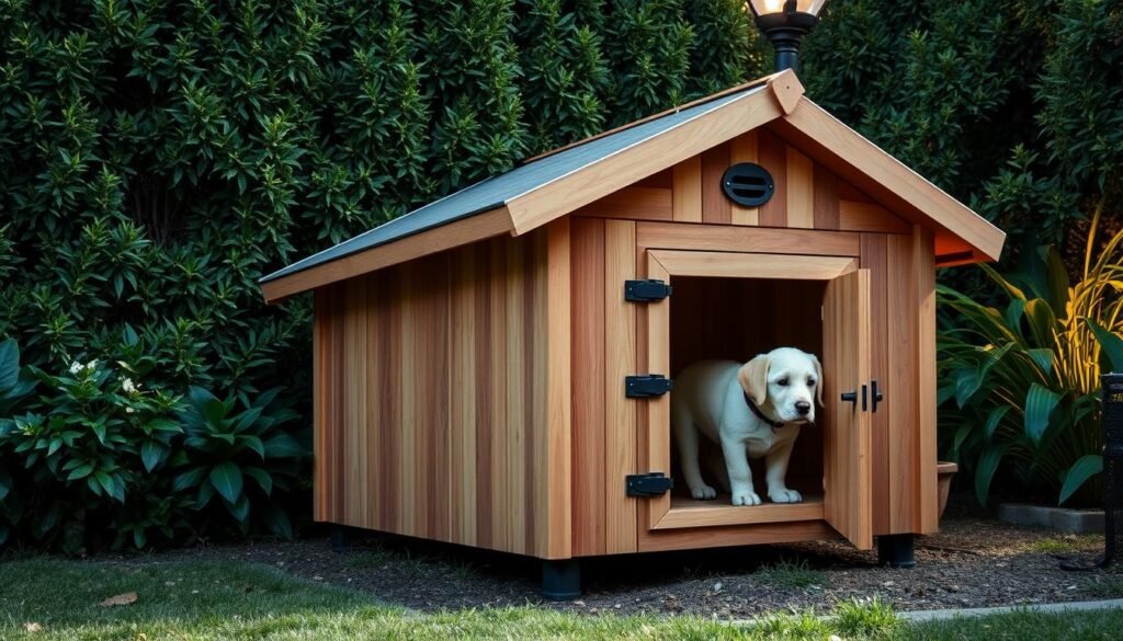 A well-weatherproofed dog house in the backyard, crafted with sturdy wood panels and a sleek, slanted roof. The exterior features a durable sealant coating, protecting against rain, wind, and harsh elements. Carefully placed vents ensure proper air circulation, while the slightly elevated base keeps the interior dry. The house is surrounded by lush greenery, casting a warm, natural ambiance. Soft, diffused lighting from above illuminates the scene, highlighting the intricate textures and attention to detail. This cozy, custom-built retreat provides a comfortable, secure sanctuary for the beloved family pet. A well-weatherproofed dog house in the backyard, crafted with sturdy wood panels and a sleek, slanted roof. The exterior features a durable sealant coating, protecting against rain, wind, and harsh elements. Carefully placed vents ensure proper air circulation, while the slightly elevated base keeps the interior dry. The house is surrounded by lush greenery, casting a warm, natural ambiance. Soft, diffused lighting from above illuminates the scene, highlighting the intricate textures and attention to detail. This cozy, custom-built retreat provides a comfortable, secure sanctuary for the beloved family pet.