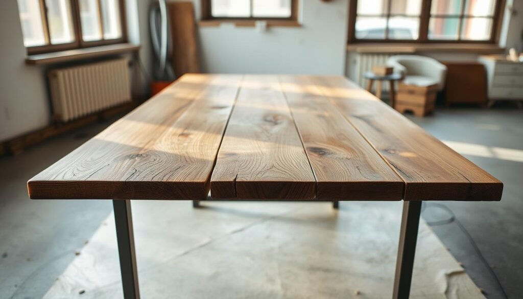 A well-worn, rustic reclaimed wood table top, its natural grain and knots prominently featured, resting on a simple metal frame in a bright, airy studio space. Warm, natural lighting filters in from large windows, casting a soft glow across the distressed wood surface. The table top's imperfections and character are highlighted, conveying a sense of history and authenticity. The image showcases the beauty and charm of using reclaimed wood to create a unique, one-of-a-kind workspace that adds character and warmth to an office or home environment. A well-worn, rustic reclaimed wood table top, its natural grain and knots prominently featured, resting on a simple metal frame in a bright, airy studio space. Warm, natural lighting filters in from large windows, casting a soft glow across the distressed wood surface. The table top's imperfections and character are highlighted, conveying a sense of history and authenticity. The image showcases the beauty and charm of using reclaimed wood to create a unique, one-of-a-kind workspace that adds character and warmth to an office or home environment.