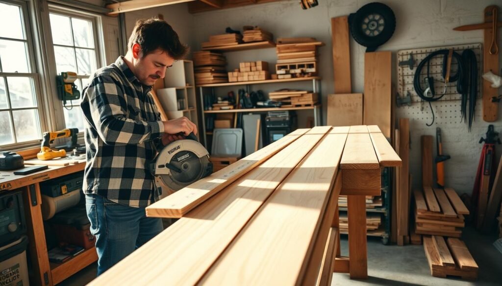 A wood workshop with a sturdy workbench, various power tools, and a generous supply of lumber. Sunlight streams in through large windows, casting warm, natural light across the space. In the foreground, a person in a flannel shirt and jeans carefully measures and cuts a length of wooden boards using a circular saw, their brow furrowed in concentration. The freshly cut pieces are neatly stacked, ready to be assembled into a set of versatile wall shelves. The background features organized shelves, tool racks, and pegboards, hinting at the DIY potential of this dedicated garage workspace.