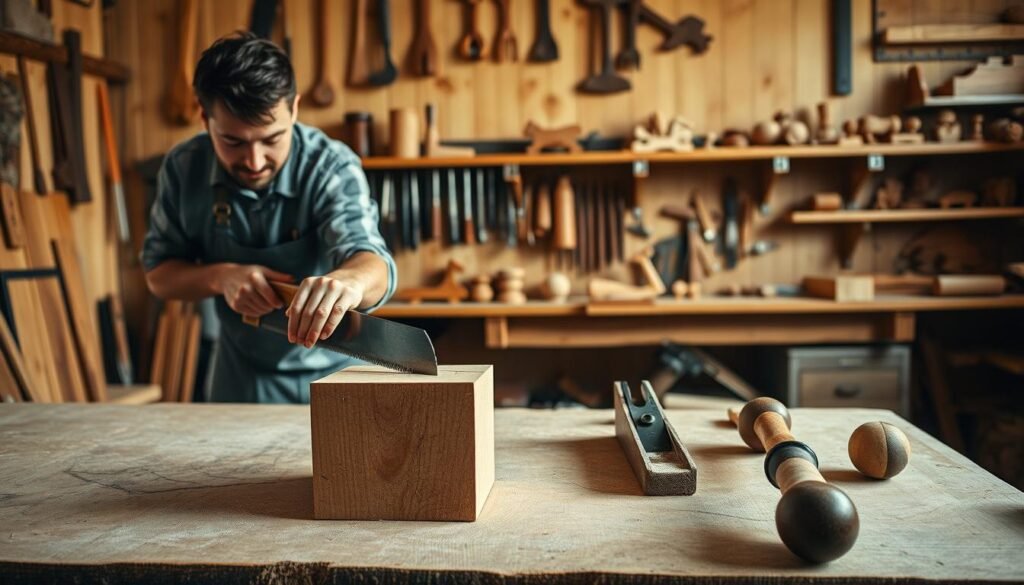 A wood workshop with warm, natural lighting. In the foreground, a skilled artisan carefully guides a hand saw through a wooden block, creating precise cuts. In the middle ground, various woodworking tools - chisels, planes, and a mallet - are neatly arranged on a sturdy workbench. The background features a wall adorned with hanging tools and shelves displaying finished wooden toys. The scene conveys a sense of focus, precision, and the timeless craft of shaping wood by hand. A wood workshop with warm, natural lighting. In the foreground, a skilled artisan carefully guides a hand saw through a wooden block, creating precise cuts. In the middle ground, various woodworking tools - chisels, planes, and a mallet - are neatly arranged on a sturdy workbench. The background features a wall adorned with hanging tools and shelves displaying finished wooden toys. The scene conveys a sense of focus, precision, and the timeless craft of shaping wood by hand.