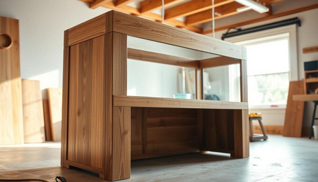 A wooden aquarium stand in a well-lit, airy home workshop. The stand is finished with a smooth, water-resistant stain, highlighting the natural wood grain. The camera captures a close-up view, showcasing the careful attention to detail in the sanding, staining, and sealing process. Warm, soft lighting casts subtle shadows, emphasizing the tactile quality of the textured surface. The stand is positioned against a clean, minimalist backdrop, allowing the craftsmanship to take center stage. The overall atmosphere conveys a sense of pride and accomplishment in creating a sturdy, custom-built aquarium stand for a thriving home aquarium.