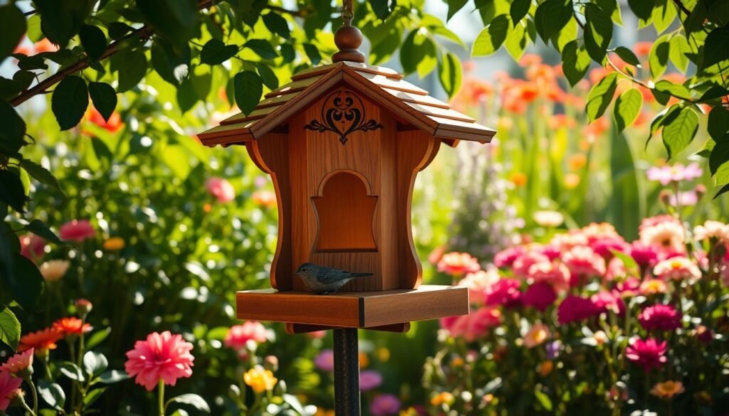 A wooden bird feeder, beautifully crafted, sits amidst a lush garden. Sunlight filters through the leaves, casting a warm glow on the intricate design. The feeder is adorned with delicate carvings, adding a touch of rustic charm. Its perch is inviting, beckoning the neighborhood birds to feast. In the background, a vibrant array of flowers and greenery creates a picturesque setting, perfectly complementing the natural aesthetic of the wooden structure. The overall scene radiates a sense of tranquility and a connection to the beauty of nature, capturing the essence of a meaningful gift for a beloved grandmother. A wooden bird feeder, beautifully crafted, sits amidst a lush garden. Sunlight filters through the leaves, casting a warm glow on the intricate design. The feeder is adorned with delicate carvings, adding a touch of rustic charm. Its perch is inviting, beckoning the neighborhood birds to feast. In the background, a vibrant array of flowers and greenery creates a picturesque setting, perfectly complementing the natural aesthetic of the wooden structure. The overall scene radiates a sense of tranquility and a connection to the beauty of nature, capturing the essence of a meaningful gift for a beloved grandmother.