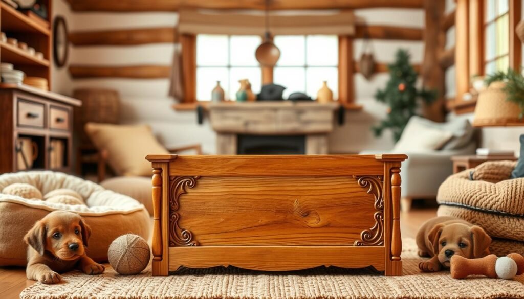 A wooden dog toy box sits prominently in a cozy, rustic home interior. The box is crafted from warm, natural-toned wood with a smooth, sanded finish. Intricate carved details adorn the sides, showcasing the skilled craftsmanship. Warm, soft lighting casts a gentle glow, highlighting the texture and grain of the wood. The box is positioned in the middle ground, surrounded by plush dog beds, toys, and other accessories, creating a welcoming, comfortable atmosphere for a beloved canine companion. The overall scene exudes a sense of domestic tranquility and thoughtful design, perfectly capturing the essence of a handmade, functional piece of woodworking. A wooden dog toy box sits prominently in a cozy, rustic home interior. The box is crafted from warm, natural-toned wood with a smooth, sanded finish. Intricate carved details adorn the sides, showcasing the skilled craftsmanship. Warm, soft lighting casts a gentle glow, highlighting the texture and grain of the wood. The box is positioned in the middle ground, surrounded by plush dog beds, toys, and other accessories, creating a welcoming, comfortable atmosphere for a beloved canine companion. The overall scene exudes a sense of domestic tranquility and thoughtful design, perfectly capturing the essence of a handmade, functional piece of woodworking.