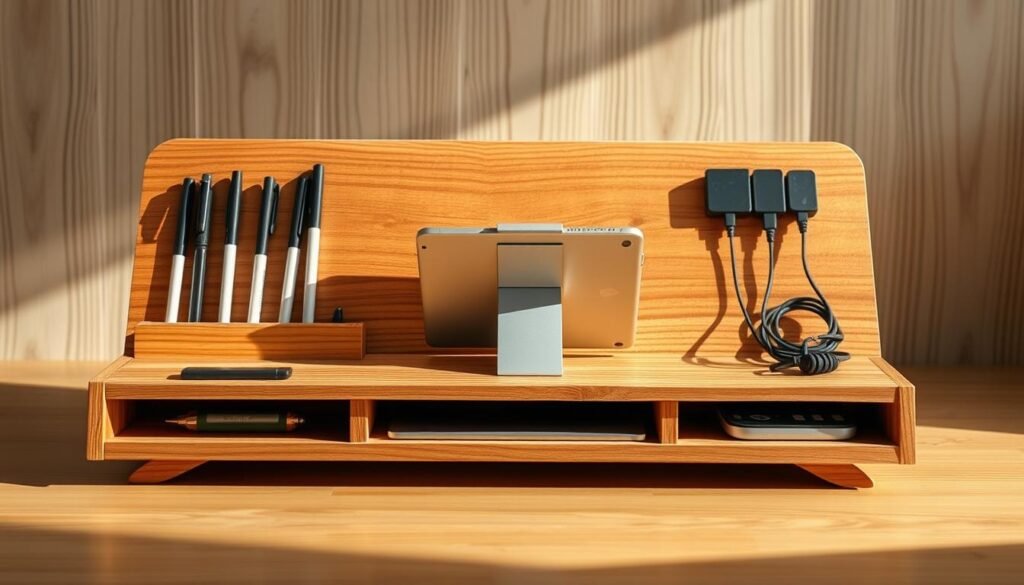 A wooden tablet stand with various storage and enhancement features, illuminated by soft, natural lighting. In the foreground, customizable shelves and compartments for storing styluses, cables, and other accessories. The middle ground showcases an adjustable tablet holder with a sleek, minimalist design. In the background, a subtle woodgrain texture creates a warm, rustic ambiance. The overall composition conveys a sense of functionality and thoughtful organization, tailored to the user's needs. Captured from a slightly elevated angle to highlight the stand's clean lines and practical layout.
