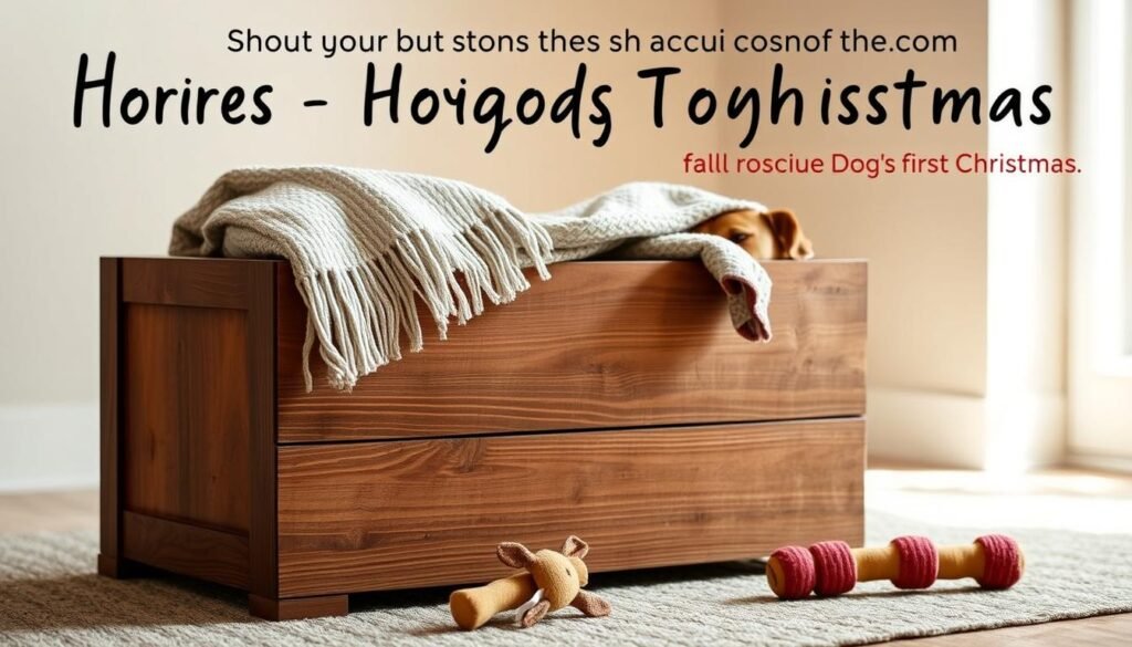 A wooden toy box with a rustic, distressed finish, designed for rescue dogs. The box is positioned in a cozy, well-lit room with warm, natural lighting. The foreground features the toy box, crafted from reclaimed wood with visible knots and grains, complemented by a soft, woven blanket draped over the top. In the middle ground, there are a few well-worn dog toys, including a chew toy and a plush squeaky toy, creating a sense of playfulness. The background showcases a simple, neutral-toned wall, allowing the focus to remain on the handcrafted toy box. The overall atmosphere conveys a sense of comfort, care, and a welcoming environment for a rescue dog's first Christmas. A wooden toy box with a rustic, distressed finish, designed for rescue dogs. The box is positioned in a cozy, well-lit room with warm, natural lighting. The foreground features the toy box, crafted from reclaimed wood with visible knots and grains, complemented by a soft, woven blanket draped over the top. In the middle ground, there are a few well-worn dog toys, including a chew toy and a plush squeaky toy, creating a sense of playfulness. The background showcases a simple, neutral-toned wall, allowing the focus to remain on the handcrafted toy box. The overall atmosphere conveys a sense of comfort, care, and a welcoming environment for a rescue dog's first Christmas.