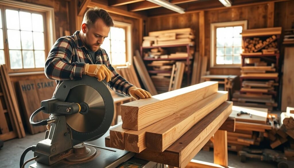 A woodworker stands in a well-lit workshop, focused on the task at hand. In the foreground, a chop saw sits on a sturdy workbench, its circular blade ready to slice through thick wooden beams. The worker, wearing a flannel shirt and work gloves, positions a long, rough-sawn plank on the saw's sliding tray, lining up the mark with precision. Sunlight streams in through large windows, casting a warm glow over the scene. In the background, shelves filled with tools and neatly stacked lumber hint at the skilled preparation required for this project. The atmosphere is one of concentration and purposeful creation, capturing the essence of the "Preparing and Cutting the Lumber" stage. A woodworker stands in a well-lit workshop, focused on the task at hand. In the foreground, a chop saw sits on a sturdy workbench, its circular blade ready to slice through thick wooden beams. The worker, wearing a flannel shirt and work gloves, positions a long, rough-sawn plank on the saw's sliding tray, lining up the mark with precision. Sunlight streams in through large windows, casting a warm glow over the scene. In the background, shelves filled with tools and neatly stacked lumber hint at the skilled preparation required for this project. The atmosphere is one of concentration and purposeful creation, capturing the essence of the "Preparing and Cutting the Lumber" stage.
