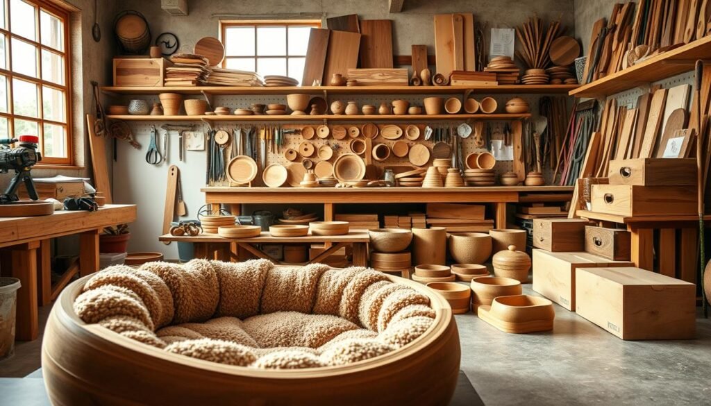 A workshop filled with an array of handcrafted woodworking pet accessories. In the foreground, a cozy dog bed with a smooth, sanded wooden frame, accented by plush, textured fabrics in earthy tones. Nearby, a neatly organized workbench showcases an assortment of wooden bowls, leash hooks, and toy boxes, each piece demonstrating the skilled craftsmanship of the maker. The middle ground is illuminated by warm, natural lighting filtering through large windows, casting a soft glow on the workspace. In the background, shelves brimming with tools, wood samples, and inspirational sketches hint at the creative process behind these charming pet projects. The overall atmosphere exudes a sense of rustic elegance and attention to detail, perfectly capturing the essence of a thoughtful, handmade woodworking project. Prompt