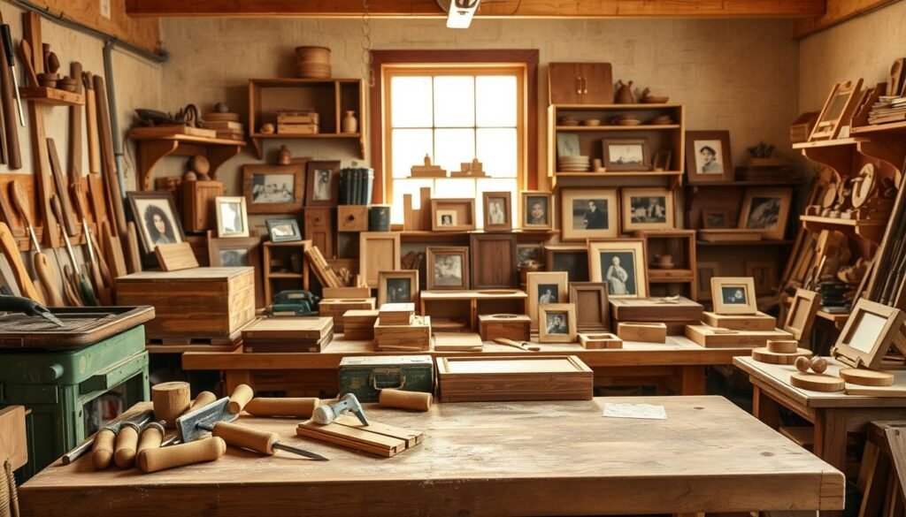 A workshop filled with an array of intermediate woodworking projects, meticulously crafted for a beloved sister. A rustic workbench stands in the foreground, adorned with an assortment of chisels, hand saws, and sandpaper. In the middle ground, intricate wooden boxes, shelves, and picture frames are arranged, showcasing the depth of skill and attention to detail. The background is bathed in warm, natural lighting, casting a cozy glow over the scene, hinting at the care and thought that goes into creating heartfelt, handmade gifts. The overall atmosphere exudes a sense of pride, creativity, and the bond between a sibling duo, inspiring a desire to embark on their own woodworking journey. A workshop filled with an array of intermediate woodworking projects, meticulously crafted for a beloved sister. A rustic workbench stands in the foreground, adorned with an assortment of chisels, hand saws, and sandpaper. In the middle ground, intricate wooden boxes, shelves, and picture frames are arranged, showcasing the depth of skill and attention to detail. The background is bathed in warm, natural lighting, casting a cozy glow over the scene, hinting at the care and thought that goes into creating heartfelt, handmade gifts. The overall atmosphere exudes a sense of pride, creativity, and the bond between a sibling duo, inspiring a desire to embark on their own woodworking journey.