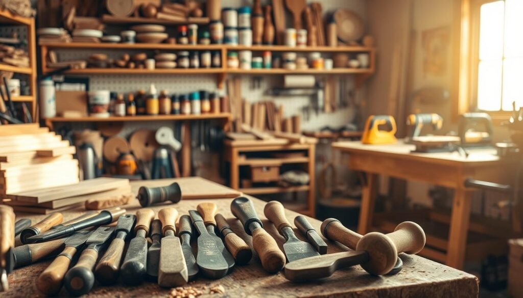 A workshop filled with essential woodworking tools and materials, bathed in warm, natural lighting. In the foreground, an assortment of hand tools including chisels, files, and a mallet rests on a sturdy workbench. In the middle ground, a collection of woodworking supplies like sandpaper, stains, and finishes are neatly organized on shelves. The background features a workbench with a vise, clamps, and various power tools like a jigsaw, drill, and orbital sander. The scene conveys a sense of craftsmanship, creativity, and the tranquility of the woodworking process. A workshop filled with essential woodworking tools and materials, bathed in warm, natural lighting. In the foreground, an assortment of hand tools including chisels, files, and a mallet rests on a sturdy workbench. In the middle ground, a collection of woodworking supplies like sandpaper, stains, and finishes are neatly organized on shelves. The background features a workbench with a vise, clamps, and various power tools like a jigsaw, drill, and orbital sander. The scene conveys a sense of craftsmanship, creativity, and the tranquility of the woodworking process.