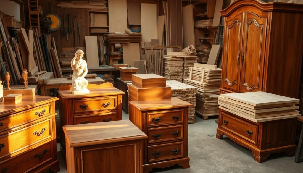 A workshop filled with the tools and materials of skilled woodworking. In the foreground, expertly crafted furniture pieces in rich, warm wood tones - a dresser, nightstand, and armoire, showcasing the artistry of professional finishing techniques. Delicate carved details and smooth, satin-like surfaces reflect the careful attention to finish. Soft, directional lighting casts dramatic shadows, highlighting the tactile quality of the wood grain. In the middle ground, a variety of woodworking projects in various stages of completion - a half-carved sculpture, intricate box joints, and stacks of sanded and oiled planks. The background reveals the workshop environment - workbenches, clamps, saws, and other tools of the trade, creating an atmosphere of focused craftsmanship. A workshop filled with the tools and materials of skilled woodworking. In the foreground, expertly crafted furniture pieces in rich, warm wood tones - a dresser, nightstand, and armoire, showcasing the artistry of professional finishing techniques. Delicate carved details and smooth, satin-like surfaces reflect the careful attention to finish. Soft, directional lighting casts dramatic shadows, highlighting the tactile quality of the wood grain. In the middle ground, a variety of woodworking projects in various stages of completion - a half-carved sculpture, intricate box joints, and stacks of sanded and oiled planks. The background reveals the workshop environment - workbenches, clamps, saws, and other tools of the trade, creating an atmosphere of focused craftsmanship.