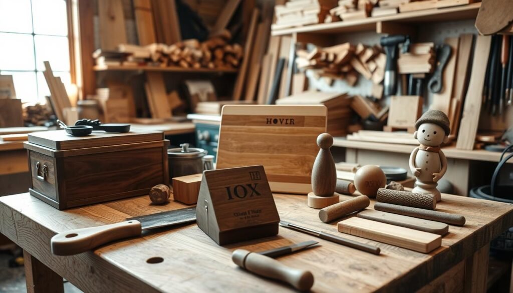 A workshop filled with thoughtful woodworking gifts for a sister. In the foreground, an assortment of handcrafted items sits on a sturdy wooden workbench - a decorative box, a personalized cutting board, and a whimsical wooden figurine. In the middle ground, various tools are neatly arranged, including a well-worn saw, a gleaming chisel, and a collection of sandpaper in varying grits. The background showcases a cozy, sun-dappled space, with shelves stocked with a variety of wood types and a large window that allows natural light to flood the room, creating a warm and inviting atmosphere. The scene conveys a sense of creativity, craftsmanship, and the thoughtful care that goes into making meaningful, handmade gifts. A workshop filled with thoughtful woodworking gifts for a sister. In the foreground, an assortment of handcrafted items sits on a sturdy wooden workbench - a decorative box, a personalized cutting board, and a whimsical wooden figurine. In the middle ground, various tools are neatly arranged, including a well-worn saw, a gleaming chisel, and a collection of sandpaper in varying grits. The background showcases a cozy, sun-dappled space, with shelves stocked with a variety of wood types and a large window that allows natural light to flood the room, creating a warm and inviting atmosphere. The scene conveys a sense of creativity, craftsmanship, and the thoughtful care that goes into making meaningful, handmade gifts.