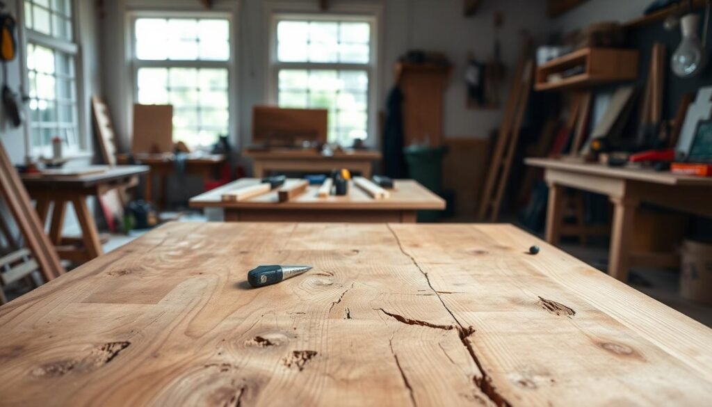 A workshop scene with a wooden table in the foreground, showcasing common woodworking issues. The table has a rough, uneven surface, with visible gaps and cracks. In the middle ground, various woodworking tools and materials are scattered, hinting at the process of troubleshooting and problem-solving. The background features a well-lit, airy space with large windows, suggesting a cozy, DIY-friendly environment. The lighting is soft and natural, accentuating the texture of the wood and creating subtle shadows. The overall mood is one of problem-solving and hands-on exploration, capturing the essence of the "Troubleshooting Common Woodworking Table Top Problems" section. A workshop scene with a wooden table in the foreground, showcasing common woodworking issues. The table has a rough, uneven surface, with visible gaps and cracks. In the middle ground, various woodworking tools and materials are scattered, hinting at the process of troubleshooting and problem-solving. The background features a well-lit, airy space with large windows, suggesting a cozy, DIY-friendly environment. The lighting is soft and natural, accentuating the texture of the wood and creating subtle shadows. The overall mood is one of problem-solving and hands-on exploration, capturing the essence of the "Troubleshooting Common Woodworking Table Top Problems" section.
