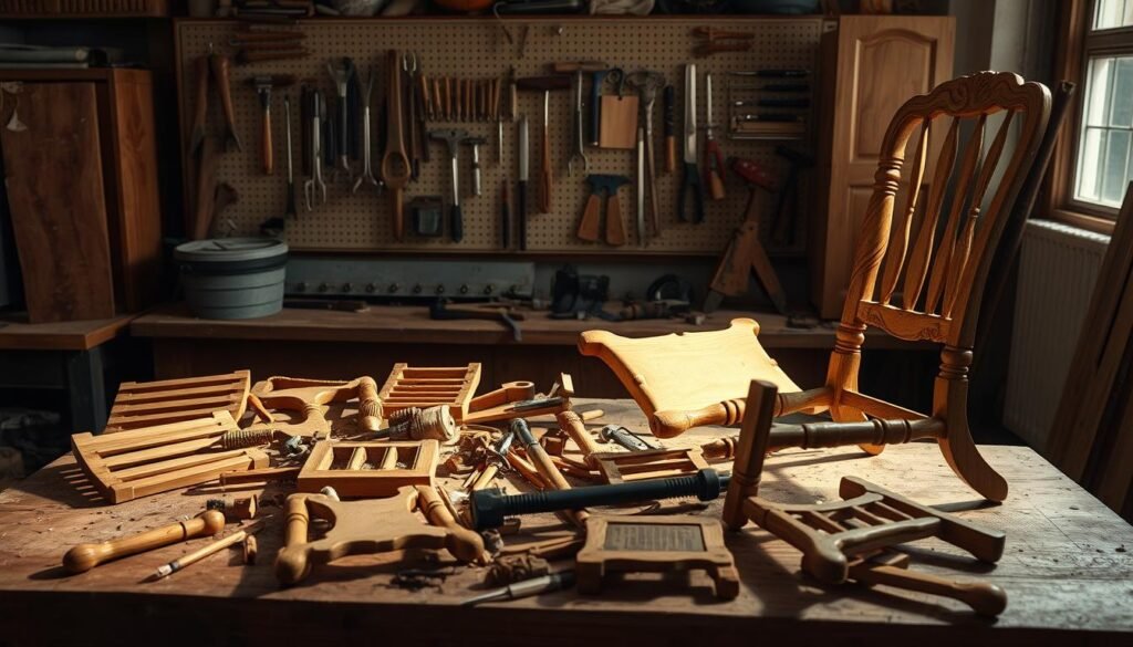 A workshop setting with intricate wooden chair parts scattered across a sturdy workbench. Focused lighting casts dramatic shadows, highlighting the delicate and intricate repair techniques being demonstrated by skilled hands. In the background, a wall-mounted pegboard displays an array of specialized tools, conveying the level of expertise required for advanced chair restoration. The overall atmosphere exudes a sense of precision, craftsmanship, and a dedication to preserving the integrity of the cherished wooden chair. A workshop setting with intricate wooden chair parts scattered across a sturdy workbench. Focused lighting casts dramatic shadows, highlighting the delicate and intricate repair techniques being demonstrated by skilled hands. In the background, a wall-mounted pegboard displays an array of specialized tools, conveying the level of expertise required for advanced chair restoration. The overall atmosphere exudes a sense of precision, craftsmanship, and a dedication to preserving the integrity of the cherished wooden chair.