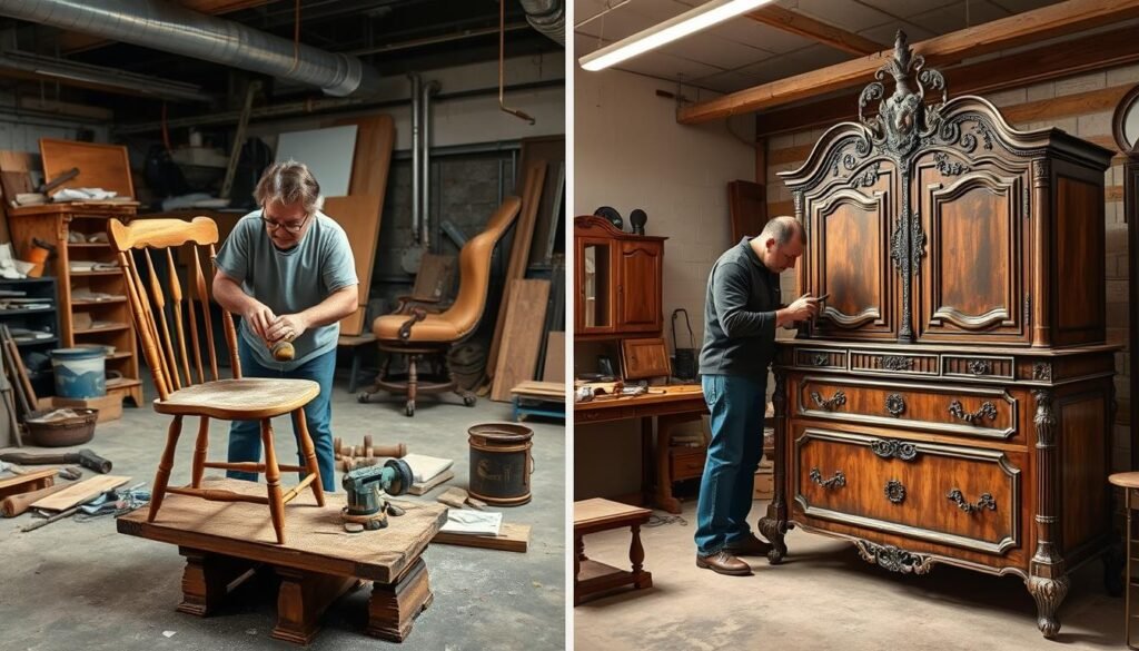 A workshop setting with two distinct furniture restoration scenarios. On the left, a DIY effort - a person in casual clothing carefully sanding and refinishing an old wooden chair, surrounded by basic tools and supplies. On the right, a professional's workspace - an experienced restorer in a clean, well-equipped studio meticulously disassembling and repairing an ornate antique dresser, using specialized tools and techniques. The lighting is warm and focused, highlighting the contrast between the amateur and expert approaches. The background blends industrial and rustic elements, emphasizing the different skill levels required for successful furniture restoration. A workshop setting with two distinct furniture restoration scenarios. On the left, a DIY effort - a person in casual clothing carefully sanding and refinishing an old wooden chair, surrounded by basic tools and supplies. On the right, a professional's workspace - an experienced restorer in a clean, well-equipped studio meticulously disassembling and repairing an ornate antique dresser, using specialized tools and techniques. The lighting is warm and focused, highlighting the contrast between the amateur and expert approaches. The background blends industrial and rustic elements, emphasizing the different skill levels required for successful furniture restoration.