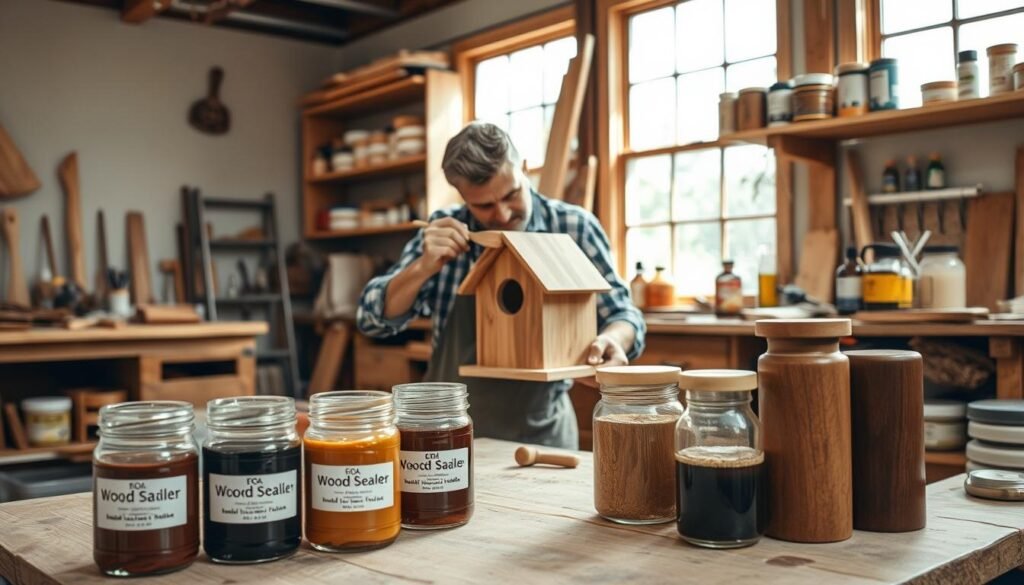 An eco-friendly woodworking workshop with natural finishes. In the foreground, a variety of sustainable wood stains in earthy tones, such as walnut, oak, and cherry, are displayed in glass jars. In the middle ground, a craftsman applies a soy-based wood sealer to a handcrafted birdhouse using a soft brush, creating a smooth, matte finish. The background features a well-organized workspace with wooden shelves displaying an assortment of natural waxes, linseed oils, and beeswax polishes, all bathed in warm, natural lighting from large windows. The overall atmosphere conveys a sense of environmental consciousness and artisanal craftsmanship. An eco-friendly woodworking workshop with natural finishes. In the foreground, a variety of sustainable wood stains in earthy tones, such as walnut, oak, and cherry, are displayed in glass jars. In the middle ground, a craftsman applies a soy-based wood sealer to a handcrafted birdhouse using a soft brush, creating a smooth, matte finish. The background features a well-organized workspace with wooden shelves displaying an assortment of natural waxes, linseed oils, and beeswax polishes, all bathed in warm, natural lighting from large windows. The overall atmosphere conveys a sense of environmental consciousness and artisanal craftsmanship.
