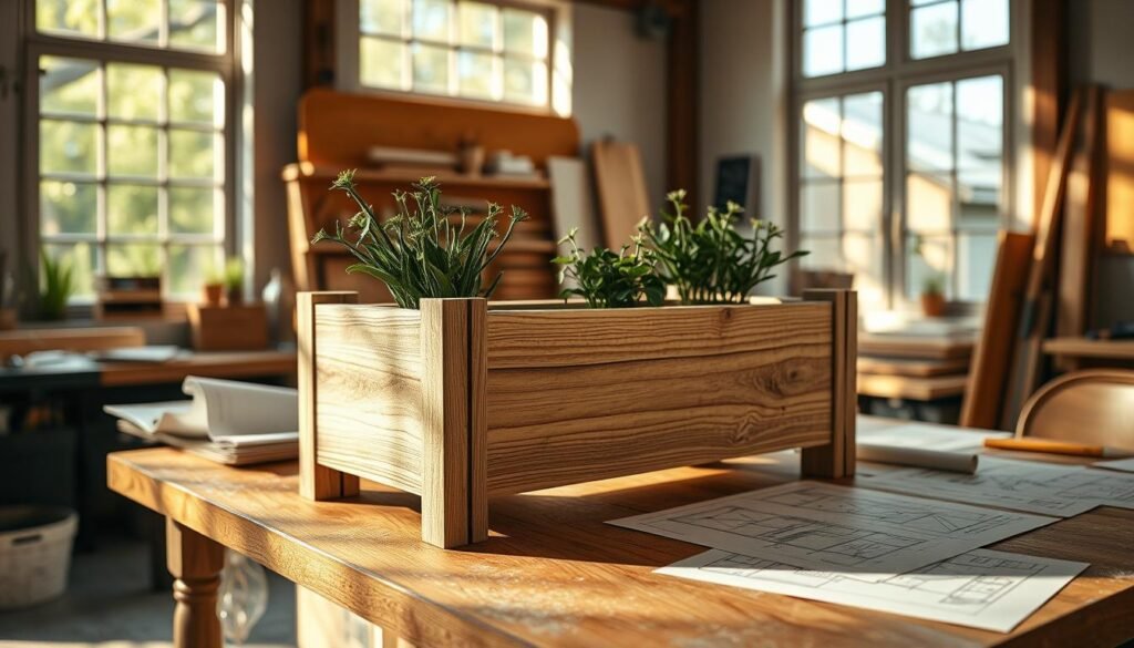 An expertly crafted woodworking planter with intricate joinery and a rustic charm, resting on a wooden work table in a bright, airy studio. Warm natural light filters in through large windows, casting soft shadows across the surface. The planter's design features clean lines, with a mix of smooth and textured surfaces. Detailed plans and sketches are scattered around, providing a glimpse into the planning and design process. The overall mood is one of thoughtful craftsmanship and the tranquility of working with one's hands.