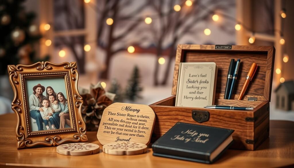 An intimate gathering of personalized sister gifts, meticulously crafted with love and attention to detail. In the foreground, a delicate wooden frame holds a family portrait, its edges adorned with intricate carvings. Beside it, a set of hand-painted coasters, each one uniquely designed to capture the sisters' shared memories and inside jokes. In the middle ground, a rustic wooden box, its lid etched with a heartfelt message, houses a personalized journal and a set of custom-engraved pens. The background features a cozy winter scene, with twinkling string lights casting a warm glow over the scene. Soft, diffused lighting creates a sense of intimacy and charm, inviting the viewer to imagine the joy and appreciation these gifts will bring. An intimate gathering of personalized sister gifts, meticulously crafted with love and attention to detail. In the foreground, a delicate wooden frame holds a family portrait, its edges adorned with intricate carvings. Beside it, a set of hand-painted coasters, each one uniquely designed to capture the sisters' shared memories and inside jokes. In the middle ground, a rustic wooden box, its lid etched with a heartfelt message, houses a personalized journal and a set of custom-engraved pens. The background features a cozy winter scene, with twinkling string lights casting a warm glow over the scene. Soft, diffused lighting creates a sense of intimacy and charm, inviting the viewer to imagine the joy and appreciation these gifts will bring.