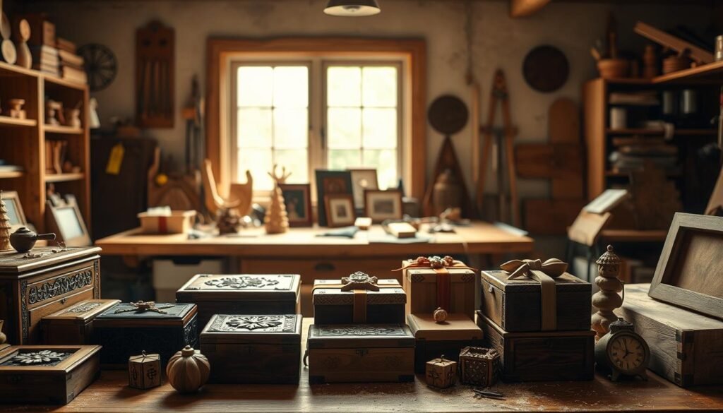 An intimate, warm-lit scene of handcrafted wooden Christmas gifts for sisters. In the foreground, a collection of intricately carved boxes, picture frames, and decorative trinkets in rich mahogany and oak tones. The middle ground features a cozy workbench with woodworking tools, sawdust, and half-finished projects. In the background, a large window lets in soft, diffused natural light, casting a serene glow over the scene. The overall atmosphere evokes a sense of thoughtful preparation, skilled craftsmanship, and the joy of creating personalized gifts for loved ones. An intimate, warm-lit scene of handcrafted wooden Christmas gifts for sisters. In the foreground, a collection of intricately carved boxes, picture frames, and decorative trinkets in rich mahogany and oak tones. The middle ground features a cozy workbench with woodworking tools, sawdust, and half-finished projects. In the background, a large window lets in soft, diffused natural light, casting a serene glow over the scene. The overall atmosphere evokes a sense of thoughtful preparation, skilled craftsmanship, and the joy of creating personalized gifts for loved ones.