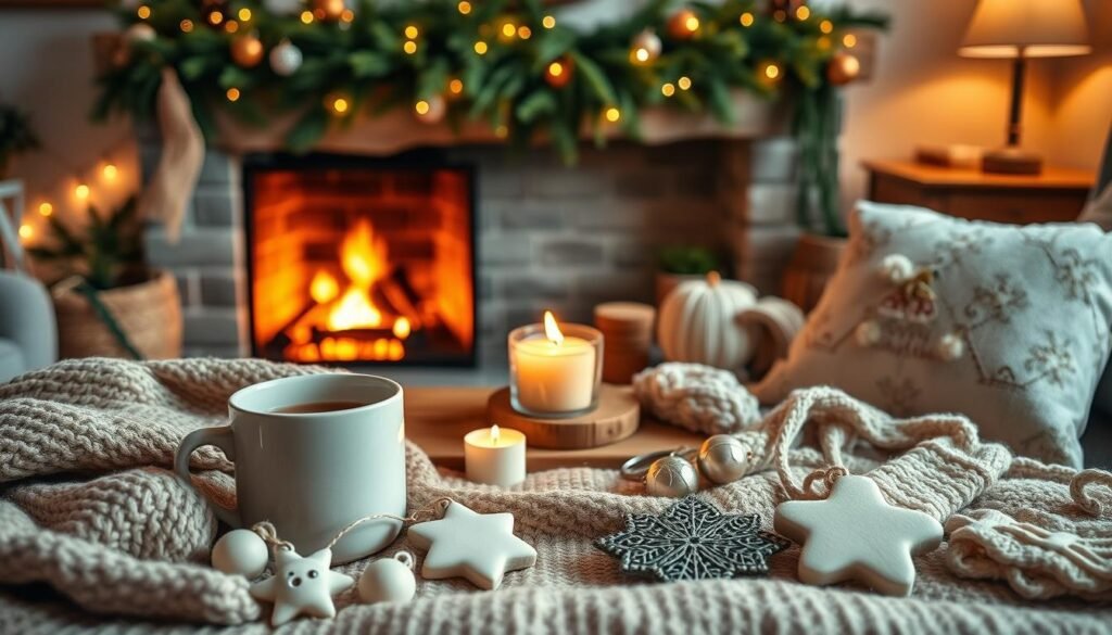 Cozy handmade Christmas decor gifts for wife, laid out in a warm, inviting home setting. In the foreground, a woven blanket, a mug of hot cocoa, and handcrafted clay ornaments in festive shapes. In the middle ground, a rustic wooden table showcasing a candle-lit DIY soy wax candle, a knitted scarf, and a hand-embroidered pillow. The background features a crackling fireplace, string lights, and an evergreen garland draped over a mantelpiece, creating a soft, glowing ambiance. Lighting is natural and indirect, lending a cozy, hygge-inspired atmosphere. The overall scene evokes feelings of comfort, craftsmanship, and homemade holiday cheer. Cozy handmade Christmas decor gifts for wife, laid out in a warm, inviting home setting. In the foreground, a woven blanket, a mug of hot cocoa, and handcrafted clay ornaments in festive shapes. In the middle ground, a rustic wooden table showcasing a candle-lit DIY soy wax candle, a knitted scarf, and a hand-embroidered pillow. The background features a crackling fireplace, string lights, and an evergreen garland draped over a mantelpiece, creating a soft, glowing ambiance. Lighting is natural and indirect, lending a cozy, hygge-inspired atmosphere. The overall scene evokes feelings of comfort, craftsmanship, and homemade holiday cheer.