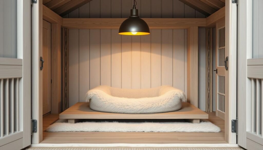 Cozy indoor dog house with plush bedding, elevated platform, and warm lighting. Soft gray and white color palette. Wooden frame with decorative wooden slats on the sides. Comfortable dog bed in the middle, surrounded by a raised platform. Soft lighting from a hanging lamp casts a warm glow throughout the scene. Detailed texture on the wooden elements. Depth and perspective create a sense of depth and coziness. Minimal distractions, focus on the comfort features for the dog. Cozy indoor dog house with plush bedding, elevated platform, and warm lighting. Soft gray and white color palette. Wooden frame with decorative wooden slats on the sides. Comfortable dog bed in the middle, surrounded by a raised platform. Soft lighting from a hanging lamp casts a warm glow throughout the scene. Detailed texture on the wooden elements. Depth and perspective create a sense of depth and coziness. Minimal distractions, focus on the comfort features for the dog.