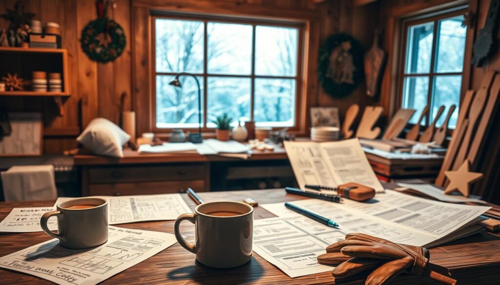 Cozy wooden workshop filled with beginner-friendly woodworking plans for simple yet thoughtful Christmas gifts. Warm lighting illuminates a workbench overflowing with sketches, checklists, and hand-drawn patterns for handmade wooden decorations, trinkets, and keepsakes. In the foreground, a mug of hot cocoa and a pair of worn leather gloves hint at the care and craftsmanship required. A large window in the background offers a snowy winter landscape, creating a serene, festive atmosphere perfect for DIY holiday projects. Cozy wooden workshop filled with beginner-friendly woodworking plans for simple yet thoughtful Christmas gifts. Warm lighting illuminates a workbench overflowing with sketches, checklists, and hand-drawn patterns for handmade wooden decorations, trinkets, and keepsakes. In the foreground, a mug of hot cocoa and a pair of worn leather gloves hint at the care and craftsmanship required. A large window in the background offers a snowy winter landscape, creating a serene, festive atmosphere perfect for DIY holiday projects.