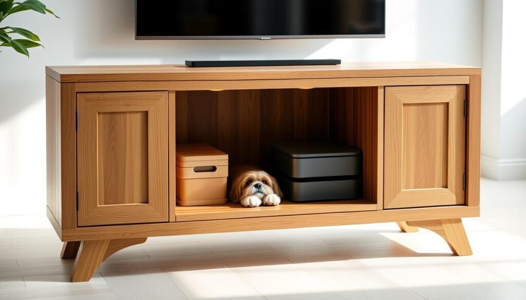 Detailed DIY dog crate console with ample storage space. Smooth, modern wooden base with clean lines and a sleek, minimalist design. Thoughtfully integrated storage compartments in the front and sides, perfect for tucking away pet supplies. Warm lighting from hidden LED strips casts a cozy glow. High-quality textured wood grain, sanded to a smooth finish. Angled front legs and a slightly raised profile create an elegant, contemporary silhouette. Captured in a bright, airy studio setting with soft, diffused natural lighting for a bright, inviting atmosphere.