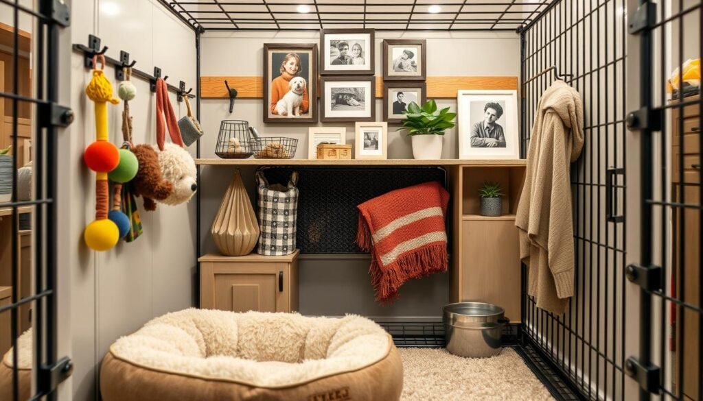 Detailed DIY dog crate with customized accessories and interior elements. Well-lit scene with a front-facing perspective showcasing the crate's functional design and personalized touches. Visible in the foreground are a plush dog bed, hanging toys, and a water/food bowl. The middle ground features storage compartments, hooks, and organizational dividers. In the background, custom decor elements like framed photos, a potted plant, and a cozy blanket create a warm, inviting atmosphere for the canine resident. The crate's structure and hardware are visible, demonstrating the DIY modifications. An overall sense of a personalized, practical, and stylish space for the dog.