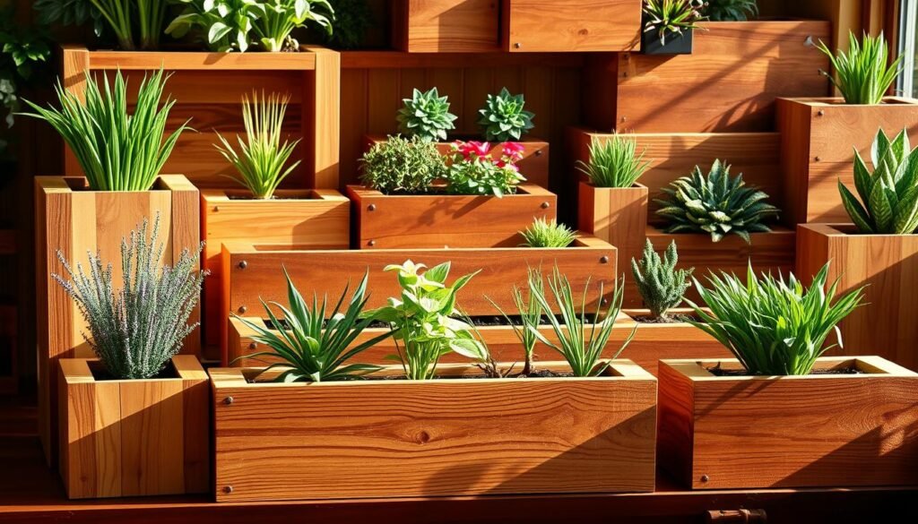 Detailed and well-crafted woodworking planter box designs, showcasing various shapes, sizes, and textures. A warm, natural lighting illuminates the intricate joinery, smooth wood grains, and thoughtful design elements. The planters are arranged in a harmonious composition, highlighting their versatility and potential to elevate indoor and outdoor spaces. The focus is on the craftsmanship and functionality, with a visually appealing, high-quality aesthetic that inspires the viewer to consider building their own unique planter boxes.