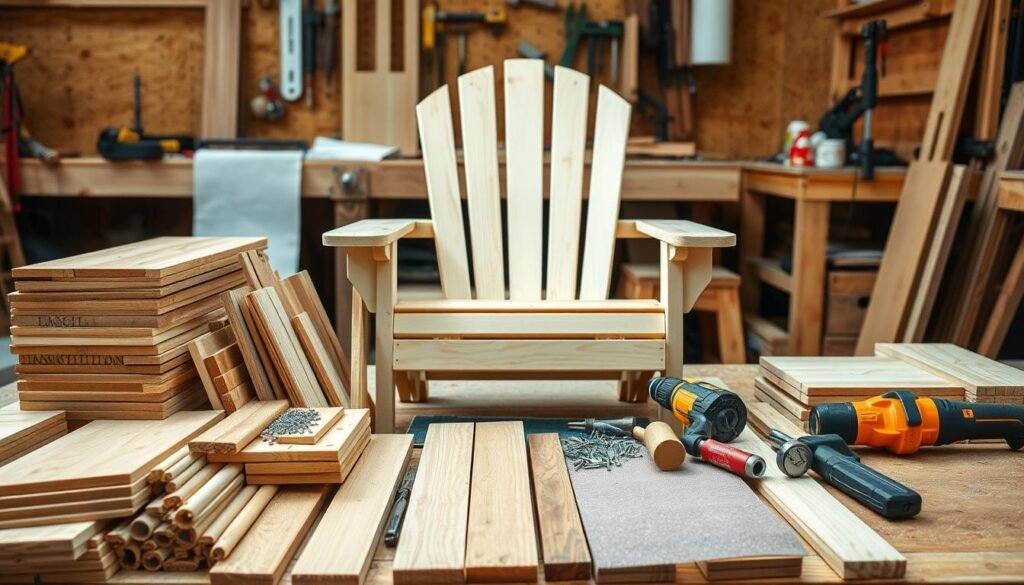 Detailed arrangement of woodworking materials for DIY folding Adirondack chair project. In the foreground, a variety of wood planks, screws, sandpaper, and tools like a saw, hammer, and drill. In the middle ground, the chair frame components such as armrests, back slats, and seat boards. The background features a wooden workbench with clamps and other accessories, all under warm, natural lighting with a slight vignette effect. The overall mood is one of a well-equipped DIY woodshop, ready to tackle this classic outdoor furniture build. Detailed arrangement of woodworking materials for DIY folding Adirondack chair project. In the foreground, a variety of wood planks, screws, sandpaper, and tools like a saw, hammer, and drill. In the middle ground, the chair frame components such as armrests, back slats, and seat boards. The background features a wooden workbench with clamps and other accessories, all under warm, natural lighting with a slight vignette effect. The overall mood is one of a well-equipped DIY woodshop, ready to tackle this classic outdoor furniture build.