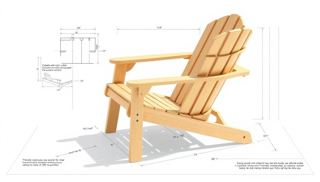Detailed blueprint schematic of a collapsible Adirondack chair template. The chair design features sturdy wooden slats and a contoured backrest for superior comfort. The blueprint is rendered in a clean, technical style with precise measurements and engineering specifications. The overall composition is balanced, with the chair design taking up the central focus, surrounded by a minimalist white background. Subtle drop shadows and highlights add depth and dimensionality to the 3D model. The lighting is natural and diffused, creating soft shadows that accentuate the chair's elegant lines and curves. The camera angle is slightly elevated, offering a clear, unobstructed view of the entire chair assembly. Detailed blueprint schematic of a collapsible Adirondack chair template. The chair design features sturdy wooden slats and a contoured backrest for superior comfort. The blueprint is rendered in a clean, technical style with precise measurements and engineering specifications. The overall composition is balanced, with the chair design taking up the central focus, surrounded by a minimalist white background. Subtle drop shadows and highlights add depth and dimensionality to the 3D model. The lighting is natural and diffused, creating soft shadows that accentuate the chair's elegant lines and curves. The camera angle is slightly elevated, offering a clear, unobstructed view of the entire chair assembly.
