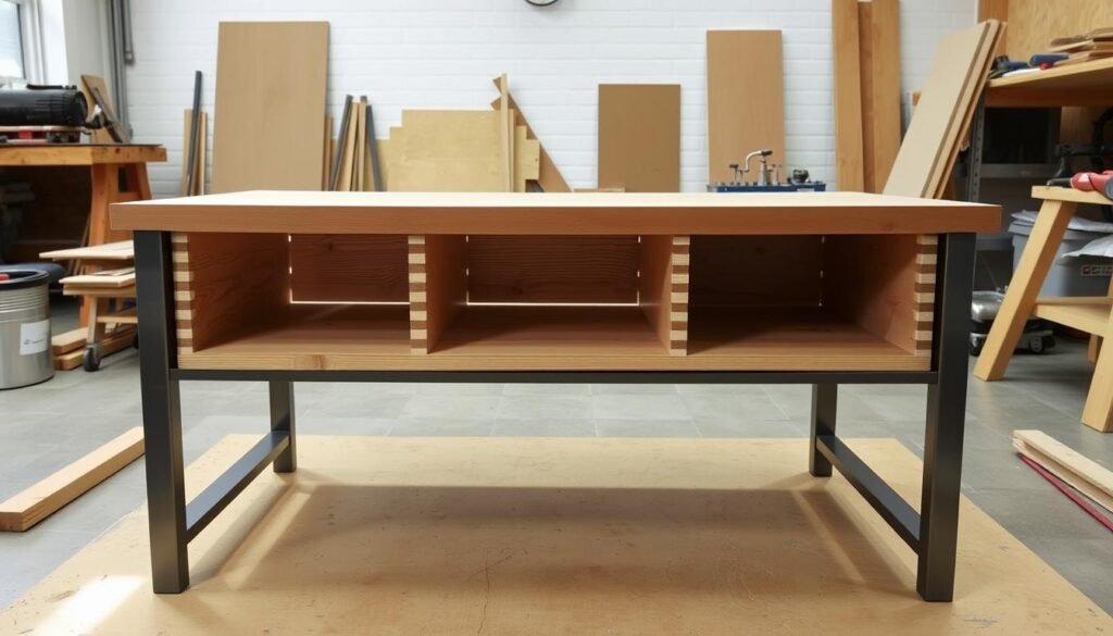 Detailed construction of a multifunctional sofa table with a wooden top, sturdy metal legs, and integrated storage compartments. The table is situated in a well-lit, modern workshop setting, showcasing the various stages of the woodworking process. The camera angle provides a clear, front-facing view of the table, highlighting the precise joinery, smooth sanding, and the natural grain of the wood. The overall composition conveys a sense of craftsmanship, functionality, and a focus on the "Constructing the Table Top" section of the project. Detailed construction of a multifunctional sofa table with a wooden top, sturdy metal legs, and integrated storage compartments. The table is situated in a well-lit, modern workshop setting, showcasing the various stages of the woodworking process. The camera angle provides a clear, front-facing view of the table, highlighting the precise joinery, smooth sanding, and the natural grain of the wood. The overall composition conveys a sense of craftsmanship, functionality, and a focus on the "Constructing the Table Top" section of the project.