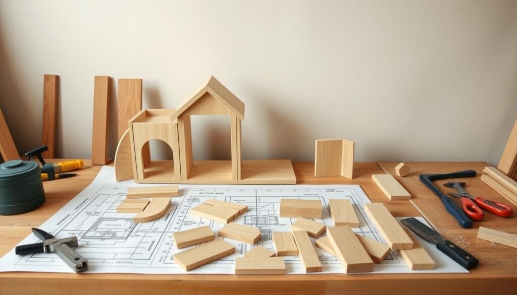 Detailed cutting guide for a DIY cat house, showcasing the various wood pieces required and their precise dimensions. The scene depicts a woodworking workbench with a blueprint layout, hand tools, and the raw wood materials in the foreground. The middle ground features the cut wood pieces arranged to form the cat house structure, while the background has a plain, neutral backdrop to emphasize the subject. The lighting is soft and natural, creating subtle shadows and highlights to accentuate the textures of the wood. The overall mood is one of a helpful, instructional guide for the reader to follow when creating their own custom cat house.