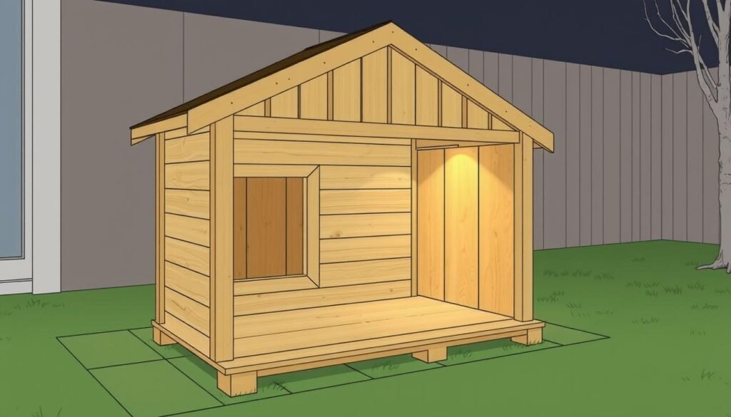 Detailed diagram of a basic outdoor cat house, viewed from the side. The structure has a peaked roof, wood-paneled walls, and raised flooring to keep the interior dry. The front features a small entryway with a cutout for the cat. Soft lighting illuminates the interior, creating a cozy, inviting atmosphere. The overall design is functional yet aesthetically pleasing, suitable for a backyard or patio setting. Rendered with precise technical accuracy, capturing every joint, panel, and architectural element in a clear, technical illustration style. Detailed diagram of a basic outdoor cat house, viewed from the side. The structure has a peaked roof, wood-paneled walls, and raised flooring to keep the interior dry. The front features a small entryway with a cutout for the cat. Soft lighting illuminates the interior, creating a cozy, inviting atmosphere. The overall design is functional yet aesthetically pleasing, suitable for a backyard or patio setting. Rendered with precise technical accuracy, capturing every joint, panel, and architectural element in a clear, technical illustration style.