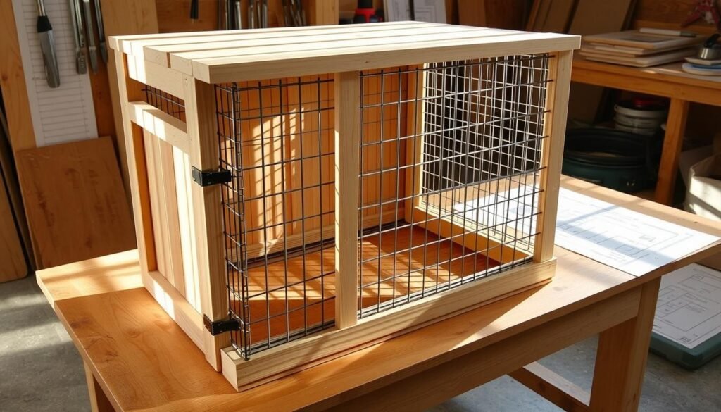 Detailed diagrams of a homemade dog crate, constructed from sturdy wooden planks and metal wire mesh. The crate is situated on a wooden workbench in a well-lit workshop, casting soft shadows. The design features a front-facing door, raised platform, and ample ventilation. Technical schematics and measurements are visible, conveying a practical, instructional atmosphere. Warm, natural lighting illuminates the scene, highlighting the woodgrain textures and metallic accents. The crate's proportions are tailored to accommodate a medium-sized canine companion, reflecting the functional, customizable nature of this DIY project.