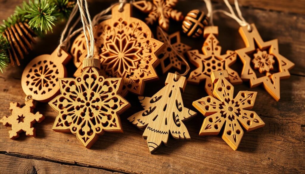 Detailed, hand-carved wooden Christmas ornaments, in a variety of festive shapes and designs, resting on a rustic wooden surface. The ornaments are crafted with intricate patterns, textures, and natural wood grain visible. Warm, soft lighting casts gentle shadows, highlighting the skilled craftsmanship. The composition features a mix of round, angular, and geometric forms, creating visual interest. The overall scene evokes a sense of handmade tradition, holiday cheer, and the personal touch of a loving grandmother. Detailed, hand-carved wooden Christmas ornaments, in a variety of festive shapes and designs, resting on a rustic wooden surface. The ornaments are crafted with intricate patterns, textures, and natural wood grain visible. Warm, soft lighting casts gentle shadows, highlighting the skilled craftsmanship. The composition features a mix of round, angular, and geometric forms, creating visual interest. The overall scene evokes a sense of handmade tradition, holiday cheer, and the personal touch of a loving grandmother.