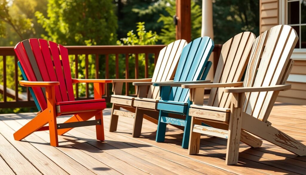 Detailed, high-quality image of various color options for a folding Adirondack chair. The chair is set against a warm, sunlit outdoor scene with a natural wooden deck or patio in the foreground and lush greenery in the background. The chair is shown from multiple angles, highlighting its classic silhouette and intricate details. The color choices include vibrant primary hues, muted earth tones, and weathered, distressed finishes that complement the rustic charm of the Adirondack design. The lighting is soft and diffused, creating a cozy, inviting atmosphere perfect for showcasing the customization possibilities for this iconic patio furniture piece. Detailed, high-quality image of various color options for a folding Adirondack chair. The chair is set against a warm, sunlit outdoor scene with a natural wooden deck or patio in the foreground and lush greenery in the background. The chair is shown from multiple angles, highlighting its classic silhouette and intricate details. The color choices include vibrant primary hues, muted earth tones, and weathered, distressed finishes that complement the rustic charm of the Adirondack design. The lighting is soft and diffused, creating a cozy, inviting atmosphere perfect for showcasing the customization possibilities for this iconic patio furniture piece.