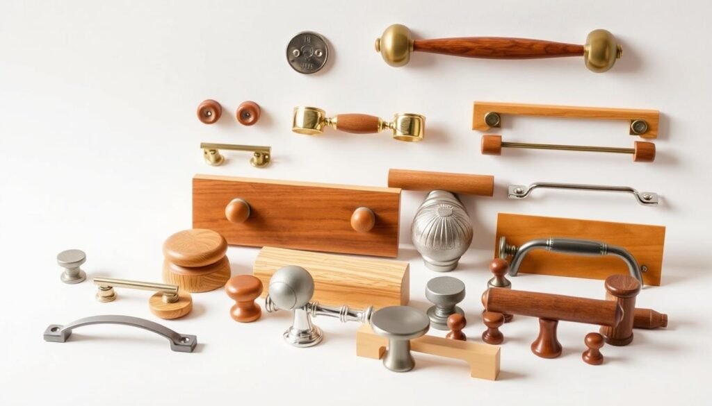 Detailed, high-quality image of various drawer hardware options, including pulls, knobs, and handles, arranged in a visually appealing and informative manner against a clean, minimalist background. The hardware should be shown in a range of materials, finishes, and styles to showcase the diversity of options available for woodworking projects. Capture the hardware in natural, warm lighting that accentuates the textures and details, creating a sense of depth and showcasing the hardware's functionality and aesthetic appeal. Compose the scene to guide the viewer's eye and highlight the key elements, creating a visually engaging and informative illustration for the "Selecting the Right Materials" section of the article.