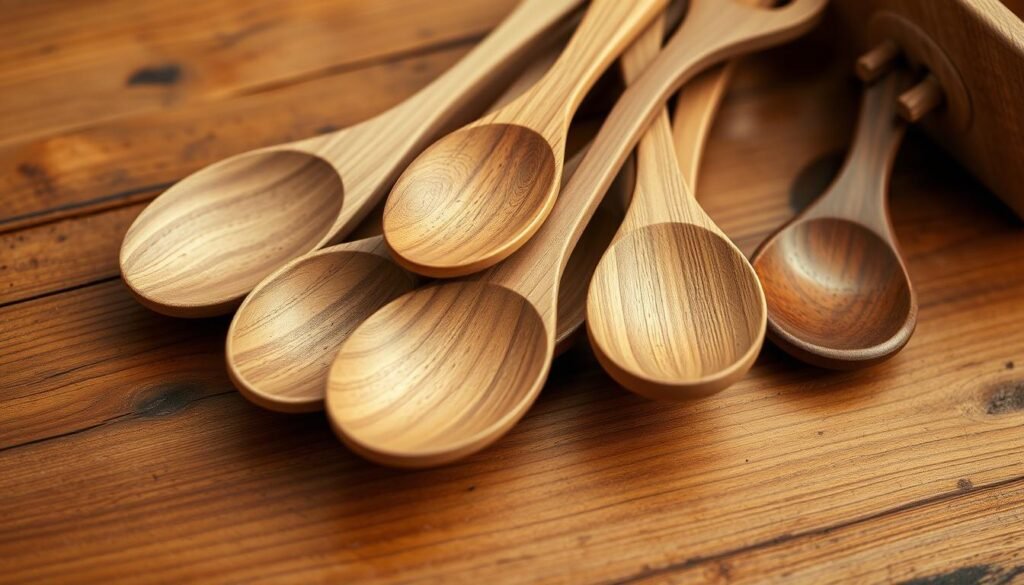 Detailed, high-quality, realistic, and meticulously crafted wooden kitchen utensils, including a set of finely carved wooden spoons in various sizes and shapes, resting on a warm, rustic wooden surface. Subtle natural textures and grains are visible, with a soft, even lighting that accentuates the intricate details and craftsmanship. The spoons are arranged in a visually pleasing, harmonious composition, conveying a sense of artisanal elegance and the care and skill of their creation. The overall mood is one of cozy, inviting simplicity, evoking the warmth and tradition of handmade kitchen goods. Detailed, high-quality, realistic, and meticulously crafted wooden kitchen utensils, including a set of finely carved wooden spoons in various sizes and shapes, resting on a warm, rustic wooden surface. Subtle natural textures and grains are visible, with a soft, even lighting that accentuates the intricate details and craftsmanship. The spoons are arranged in a visually pleasing, harmonious composition, conveying a sense of artisanal elegance and the care and skill of their creation. The overall mood is one of cozy, inviting simplicity, evoking the warmth and tradition of handmade kitchen goods.
