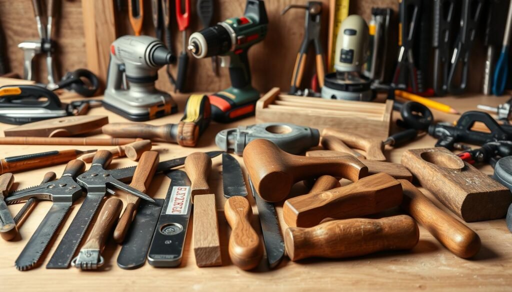 Detailed still life of various woodworking tools arranged on a workbench. In the foreground, a set of hand saws, chisels, and a mallet lie neatly organized. In the middle ground, a power drill, orbital sander, and a jigsaw are positioned. The background features a collection of clamps, a tape measure, and a pencil. The tools are well-lit, creating distinct shadows and highlights that accentuate their textures and materials. The overall scene conveys a sense of craftsmanship and the essential elements required for DIY planter projects.