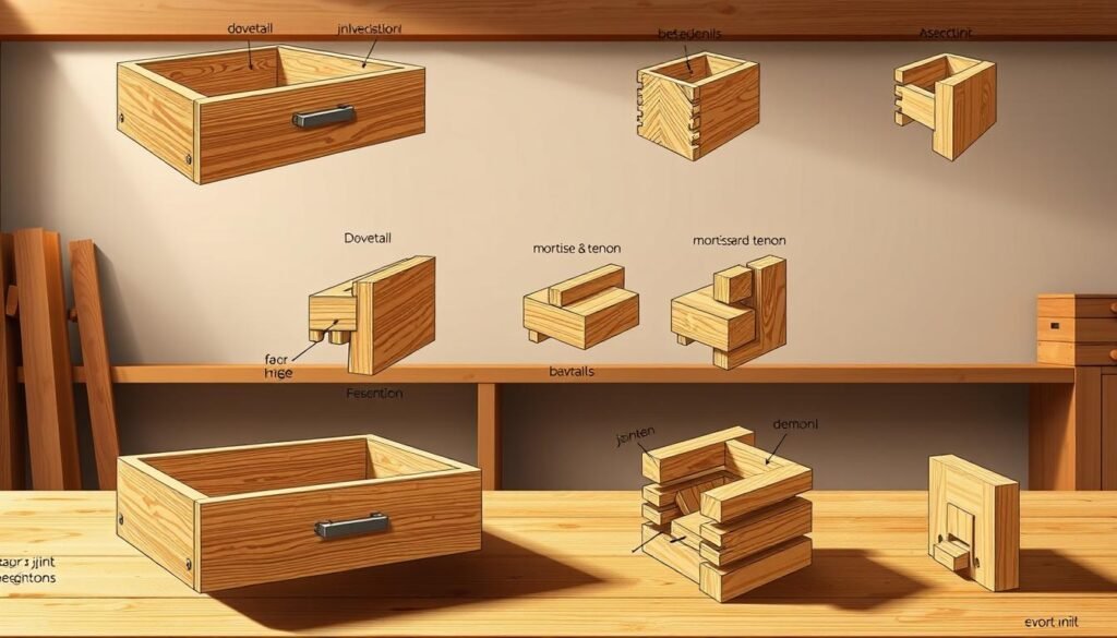 Detailed technical illustration of various drawer joinery techniques, showcased in a clean, well-lit workshop setting. Precisely rendered cross-sections and exploded views of dovetail, finger, and mortise-and-tenon joints, demonstrating their key structural elements and assembly process. Warm, directional lighting casts dramatic shadows, emphasizing the intricate woodworking details. Neutral background allows the joinery techniques to be the central focus, presented from multiple angles to provide a comprehensive understanding. Crisp, high-resolution rendering with a sense of depth and materiality, capturing the craftsmanship and functionality of these essential joinery methods.