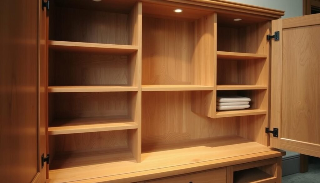 Detailed woodworking plans for a classic sideboard with intricate shelving and organizational features. The sideboard is crafted from warm-toned hardwood, with a sleek, minimalist design that showcases the natural beauty of the grain. Soft, diffused lighting illuminates the interior shelves, revealing neatly organized storage spaces and display areas. The composition is captured from a slightly elevated angle, allowing the viewer to appreciate the sideboard's clean lines and thoughtful design. The overall mood is one of refined elegance and functional simplicity, reflecting the beauty and utility of well-crafted woodworking.