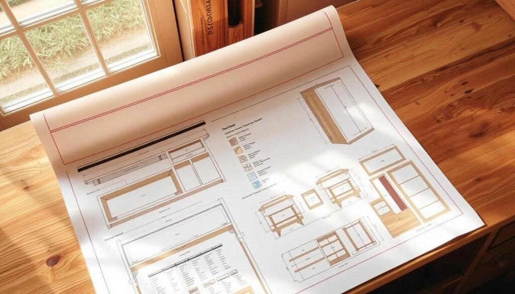 Detailed woodworking plans for a versatile storage bench, viewed from an overhead perspective. The plans are neatly arranged on a wooden workbench, illuminated by soft, natural lighting filtering through a window. The plans showcase the bench's key design elements, such as the sturdy frame, adjustable shelves, and hidden storage compartments. The scene conveys a sense of thoughtful, methodical planning, with a focus on functionality and craftsmanship. The overall mood is one of organization, precision, and the anticipation of a rewarding DIY project. Detailed woodworking plans for a versatile storage bench, viewed from an overhead perspective. The plans are neatly arranged on a wooden workbench, illuminated by soft, natural lighting filtering through a window. The plans showcase the bench's key design elements, such as the sturdy frame, adjustable shelves, and hidden storage compartments. The scene conveys a sense of thoughtful, methodical planning, with a focus on functionality and craftsmanship. The overall mood is one of organization, precision, and the anticipation of a rewarding DIY project.
