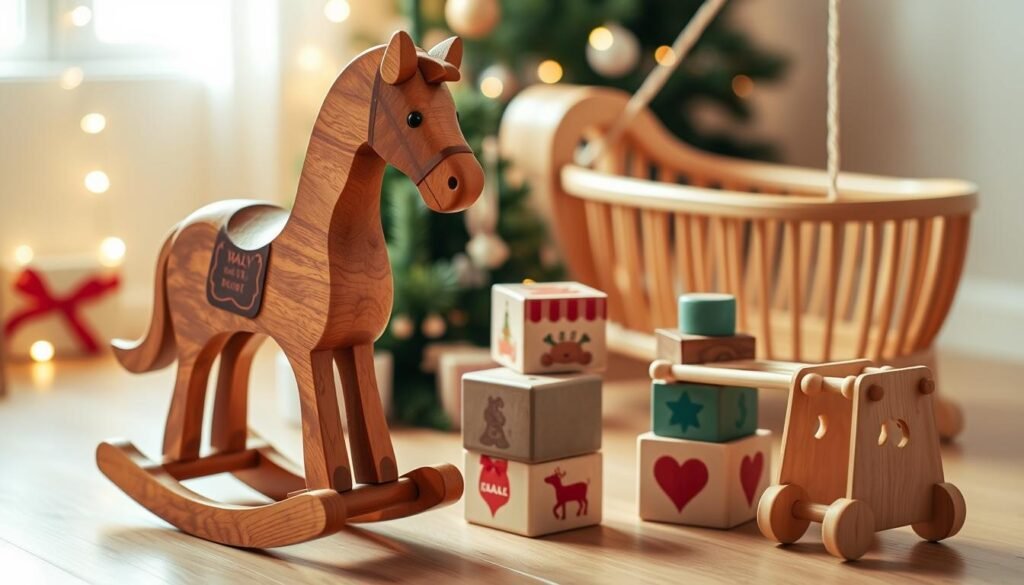 Handmade wooden baby Christmas gifts, a cozy holiday scene. A wooden rocking horse, intricately carved, stands in the foreground, its smooth grain and warm hues catching the soft glow of string lights. In the middle ground, a stack of hand-painted wooden blocks, each a unique festive design, invites little hands to play. A wooden baby xylophone rests nearby, its polished keys shimmering. In the background, a wooden doll cradle, lovingly crafted, sways gently, ready to hold a cherished holiday toy. The scene is bathed in a warm, golden light, creating a sense of comfort and wonder, perfect for a baby's first Christmas. Handmade wooden baby Christmas gifts, a cozy holiday scene. A wooden rocking horse, intricately carved, stands in the foreground, its smooth grain and warm hues catching the soft glow of string lights. In the middle ground, a stack of hand-painted wooden blocks, each a unique festive design, invites little hands to play. A wooden baby xylophone rests nearby, its polished keys shimmering. In the background, a wooden doll cradle, lovingly crafted, sways gently, ready to hold a cherished holiday toy. The scene is bathed in a warm, golden light, creating a sense of comfort and wonder, perfect for a baby's first Christmas.